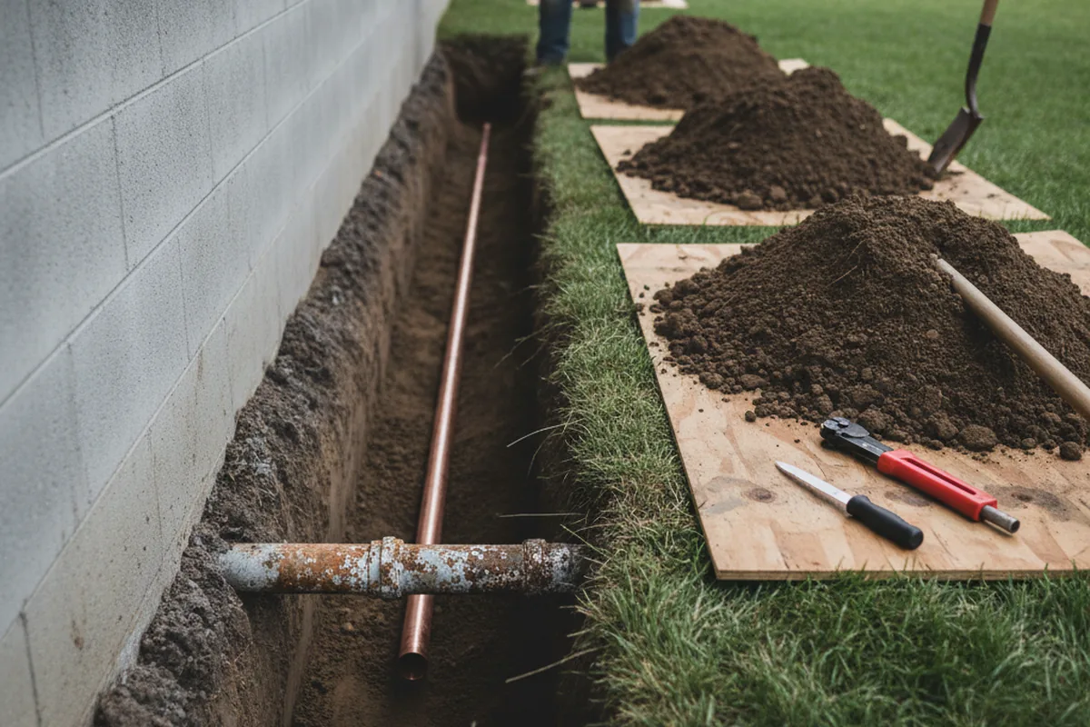Excavated water line trench during Water Softener Installation in Valley